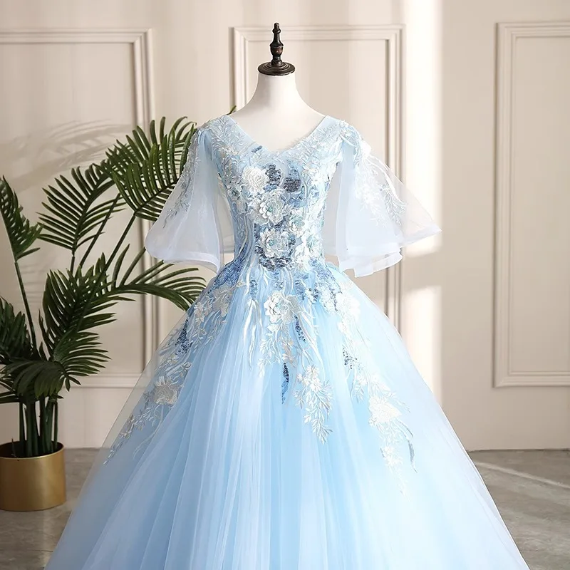 2024 Light Blue Prom Dress Bell sleeves Formal Evening Party Gown 3D Lace Appliques vestidos de gala mujer