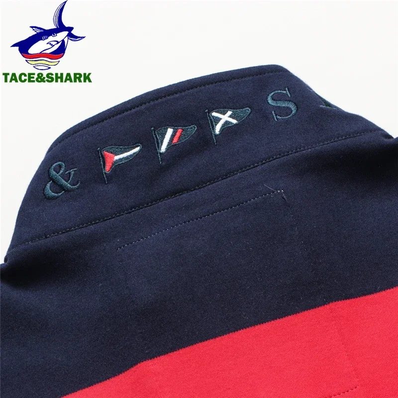 TACE&SHARK Brand Hot Sale Fashion Business Stripes Embroidery Long Sleeve Polo Shark Tops Men Autumn Half Zipper Slim Clothes