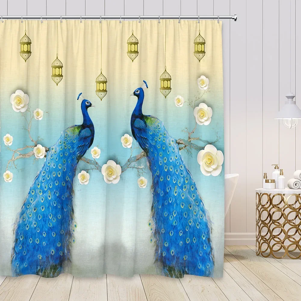 Blue Peacocks Shower Curtain Chinese Style Birds Feather White Pink Flowers Asian Bathroom Decor Polyester Fabric Curtains Hooks