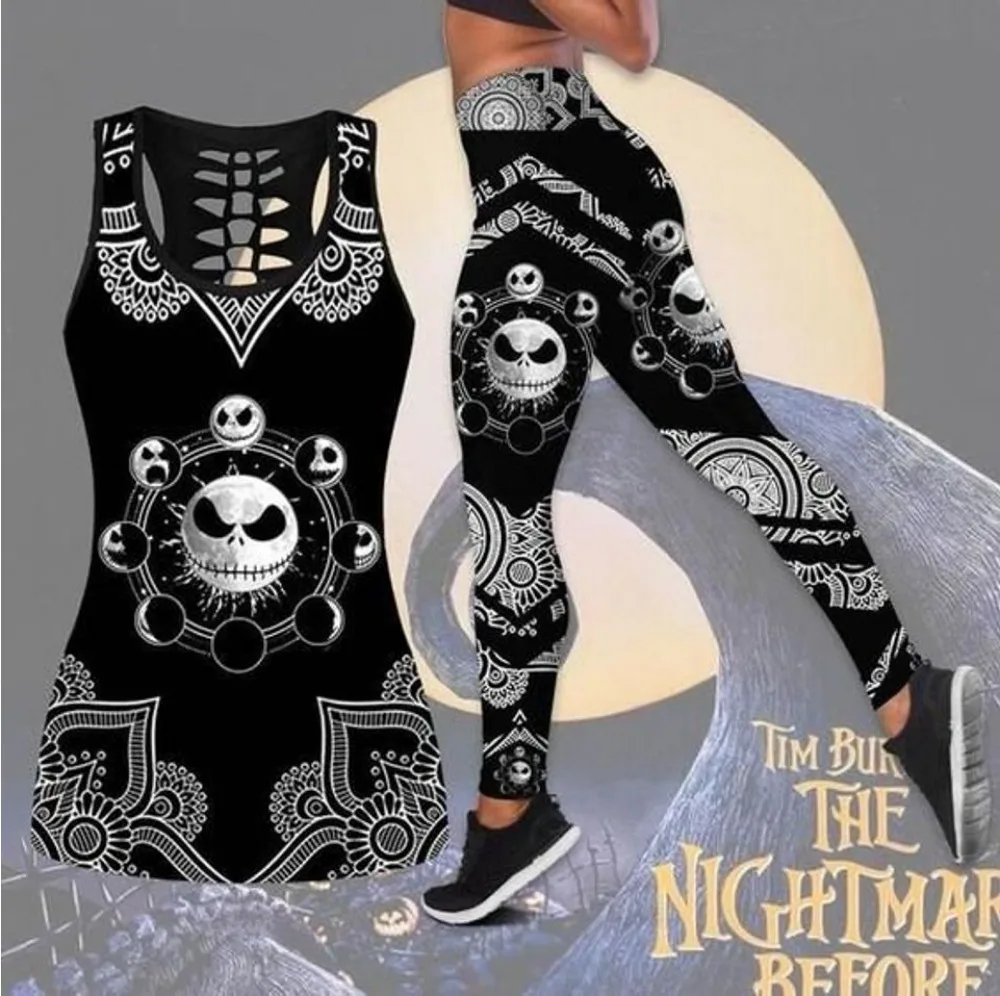 Jack Skellington Women Cutout Tank Top Leggings Yoga Set Summer Fitness Leggings Tracksuit Disney Hollow Tank Top Leggings Set