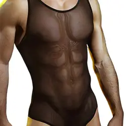 See Through Mesh Undershirts Men Leotard Sissy Erotic Bodysuits Briefs Silk Slip Jumpsuits Wrestling Singlet Underwear Onesie