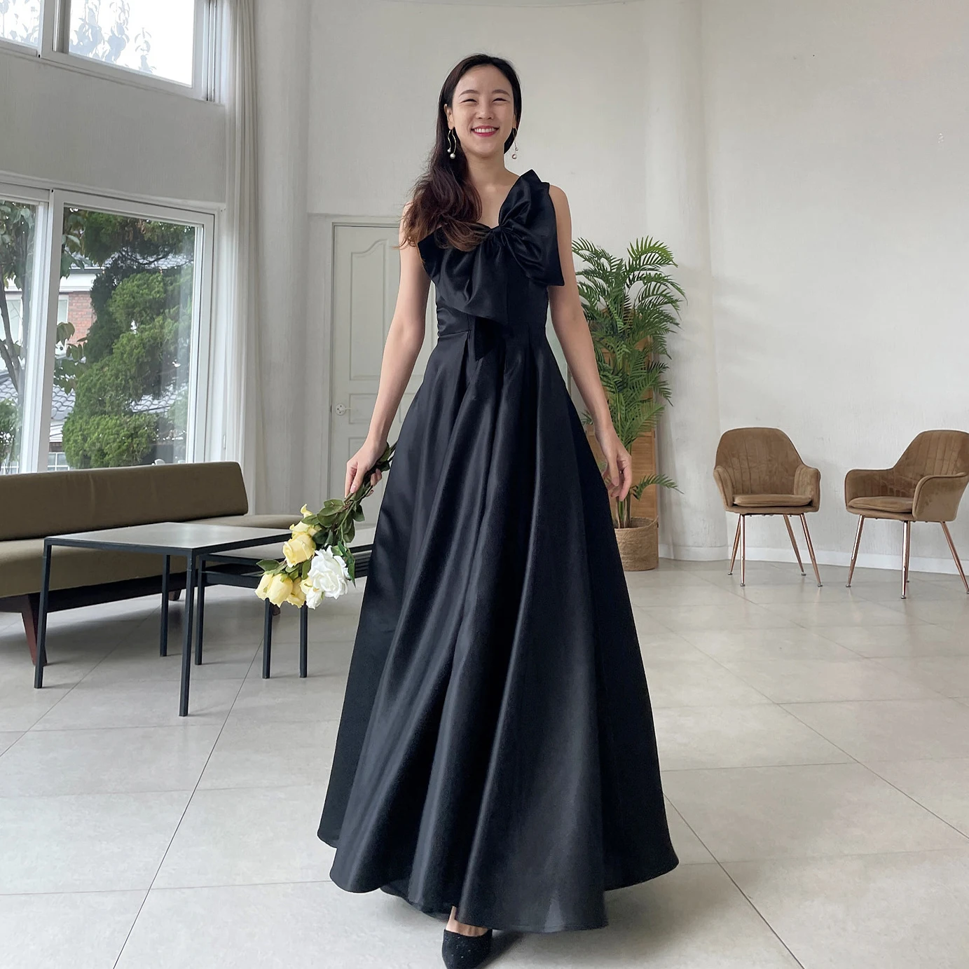 

GIOIO Strapless Korea Garden Evening Dresses Pleat Bow Sleeveless Formal 프롬드레스 Ankle Length Elegant Prom Grown Party Women Bride