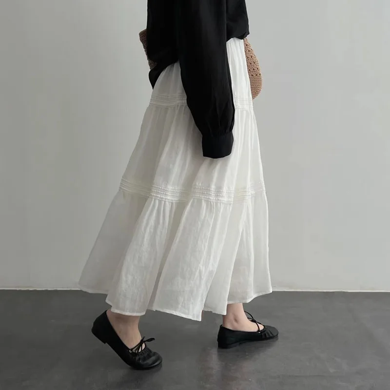 

2025 New Autumn Natural High-Quality Cotton-Linen Lace A-Line Fitted Cake-style Mid-Length Women's Midi Dress