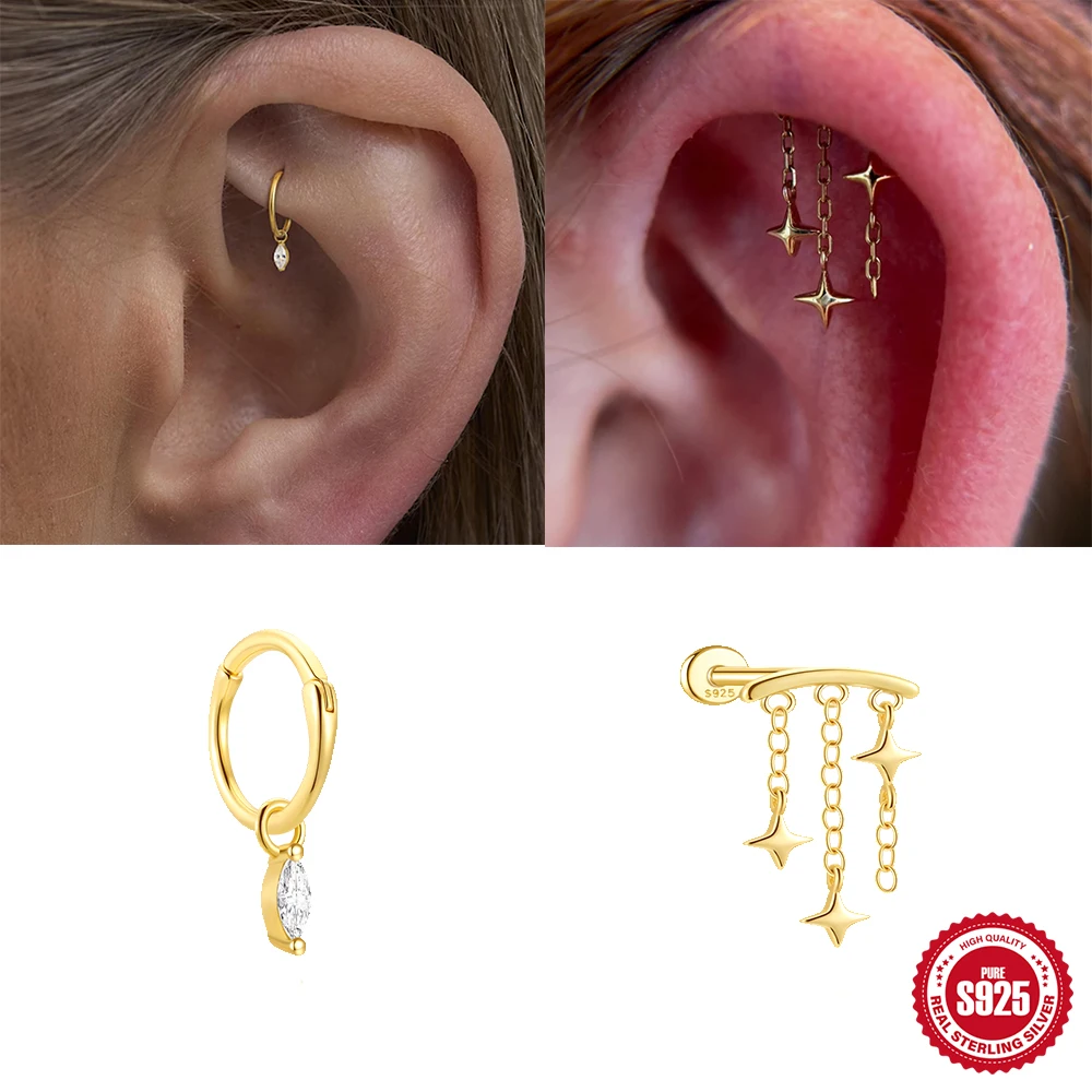 

BOAKO 925 Sterling Silver Mountain Ocean Piercing Stud Earrings Star Tassel Chain Zircon Charms Trendy Dainty Matching Earrings