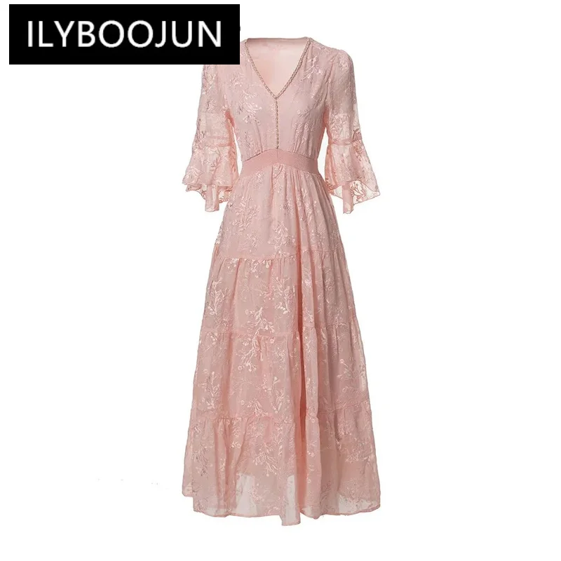 

ILYBOOJUN High Quality New Arrivals Women Dress Solid Color Flowers Embroidery Pearls Beading Elastic Waist V-Neck Dresses