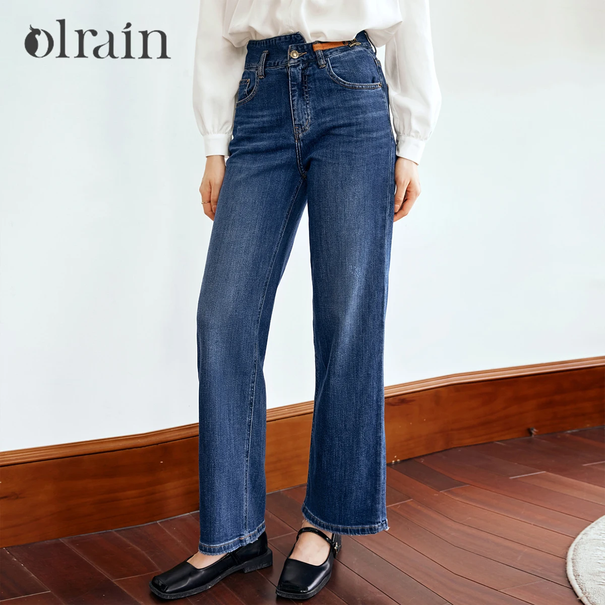 

OLrain Women's Cotton Vintage High-waist Straight Leg Jeans 2026 Autumn Casual Commute Dark Blue Denim Baggy Pants N56QA93385