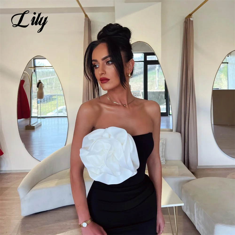 Lily Mermaid Black and White Charming Prom Dress Gown Stain Formal Gown 3D Flower Strapless Evening Gown Custom vestidos de noch