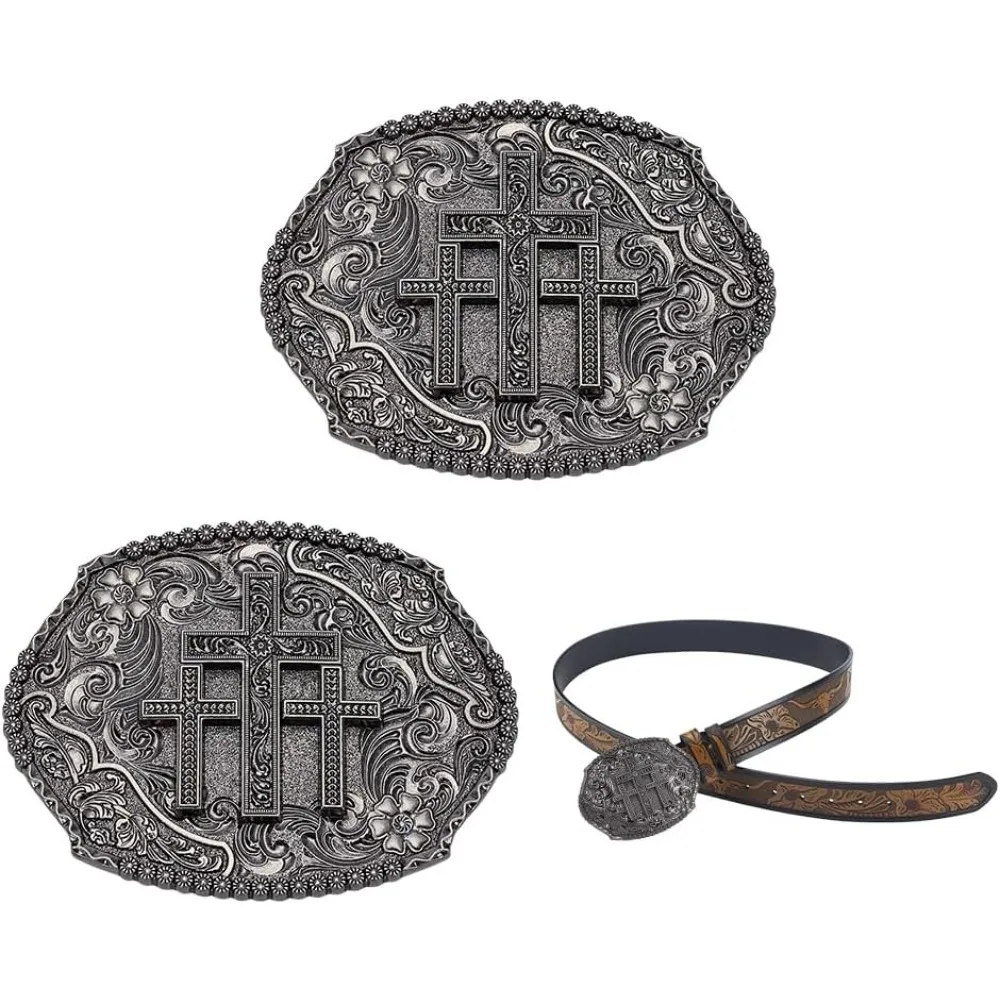 

2 Pcs Western Cross Belt Buckles Gunmetal Alloy Western Vintage Oval Belts Buckle for Rodeo Cowboy Cowgirl Religious Cross Faith