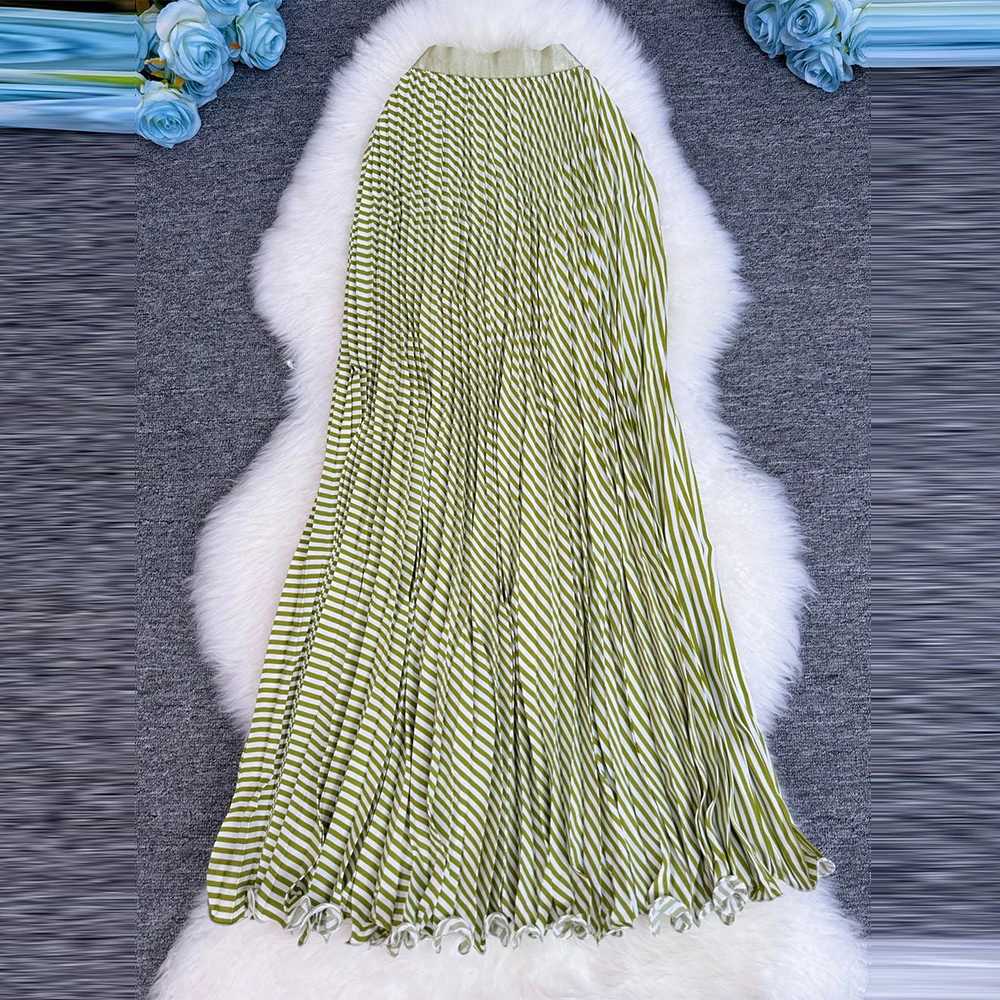 2026 New Polka Geometry Chiffon Pleated Skirt Women Casual Elastic Waist A-line Big Swing Boho Beach Long Skirt