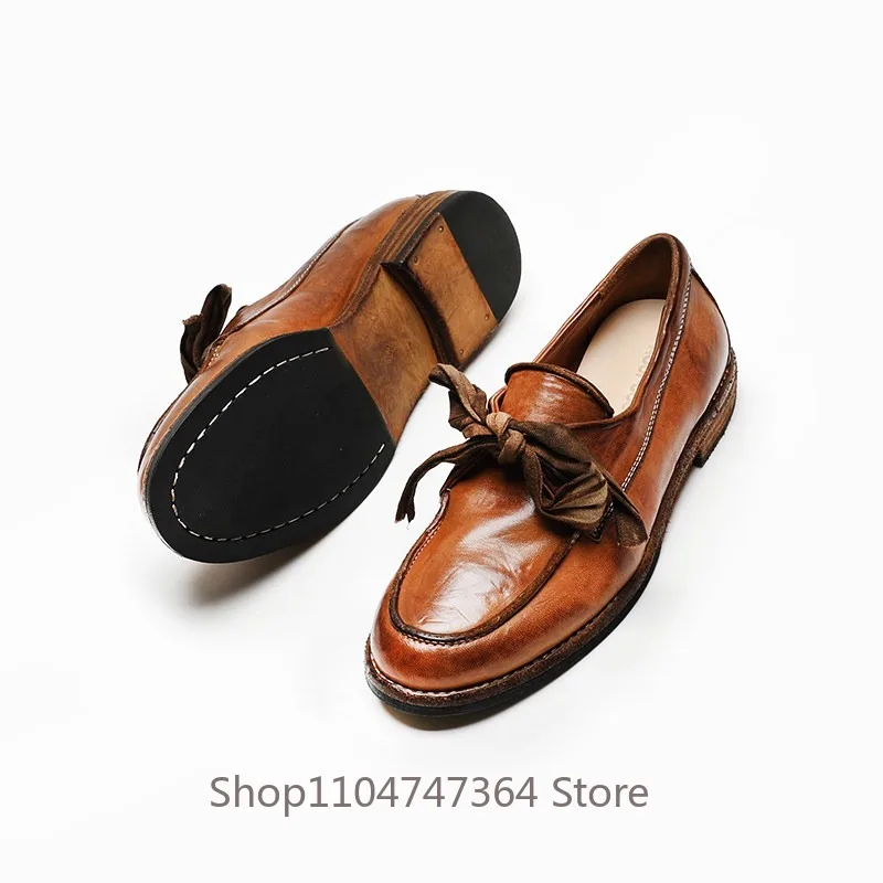 High End Retro Ribbon Bow Loafers Soft Sole Washed Handmade Women's Shoes Genuine Leather Fashion Dress Leather Shoes Female