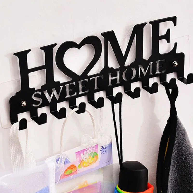 Home Sweet Home Black Metal Key Holder & Wall Organizer - Rust-Resistant, Wall-Mounted Hooks for Keys, Hats, Bags - Perfect for