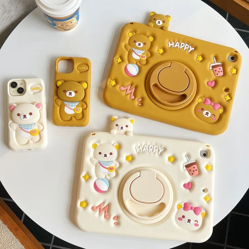 For IPad Air Mini 2 3 4 5 6 7 10.9 Pro 11 9 8 7th 10.2 10.5 GenA16 Child 3D Easy Bear Tablet Pen Slot Protective Same Phone Case