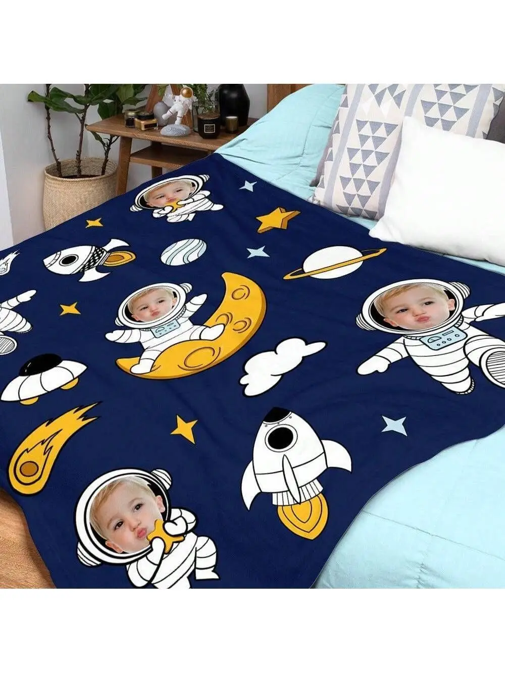 Custom Astronaut Flannel Blanket With Rocket And Planets, Best gift for Children