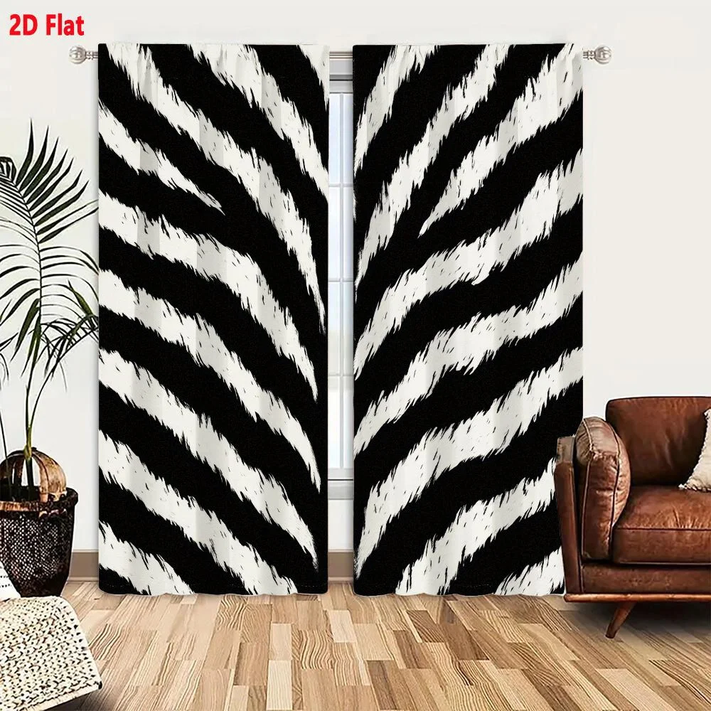 2Pcs Curtains 2D Flat Bold Black And Cream Zebra Stripe Pattern With Rough Textured Edges Converging To Center Window Drapes for