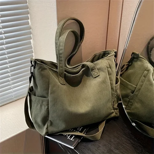 Imagen 2 del producto Bolso de mano de pana simple, bolso de hombro de gran capacidad, bolso cruzado informal para la escuela y los viajes