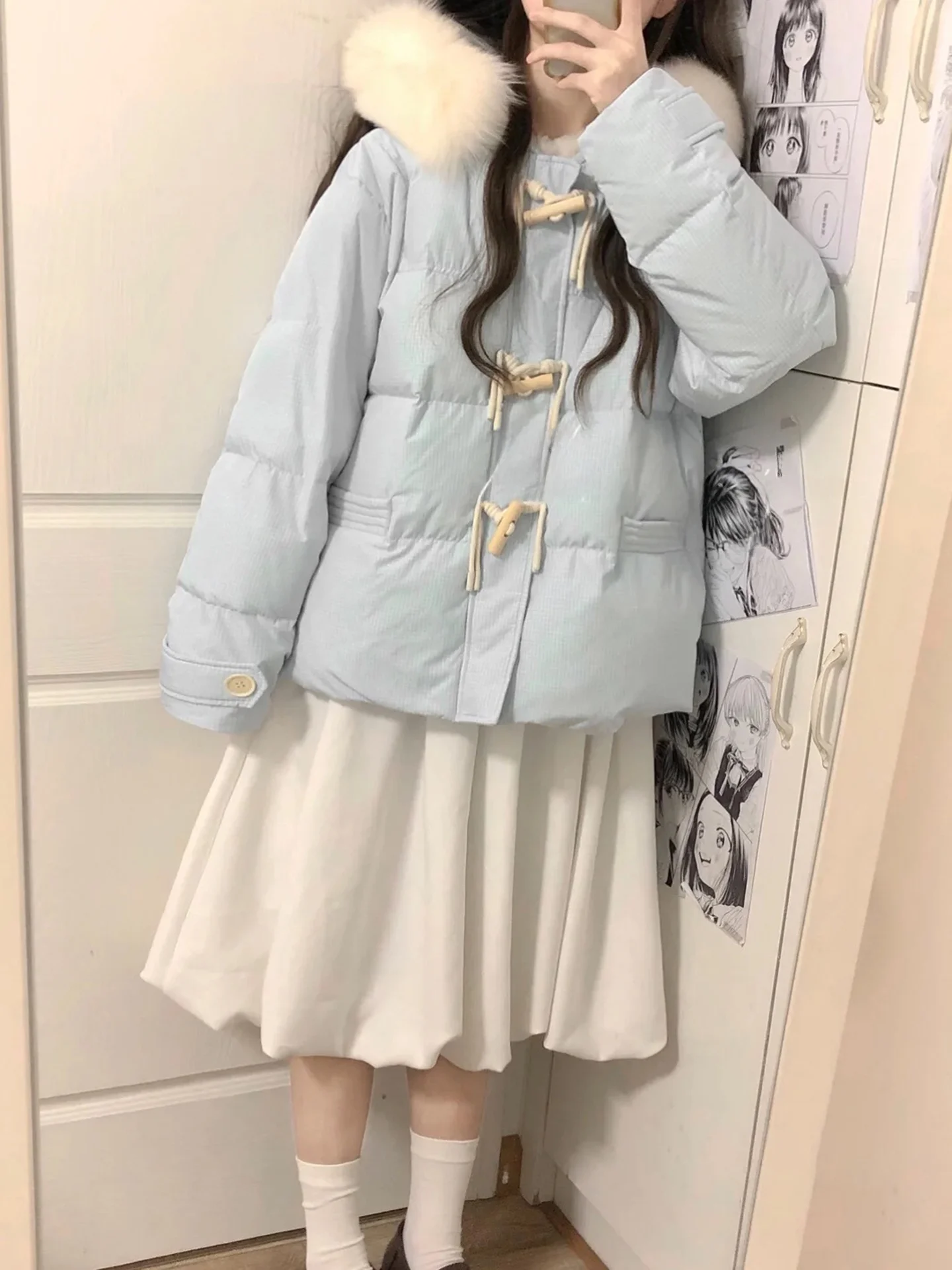 블루 루즈핏 퍼퍼 재킷, 큰 퍼 칼라, 티엔드 브레드 슬레 여성 겨울 코트, 한국 스타일 버튼 디테일