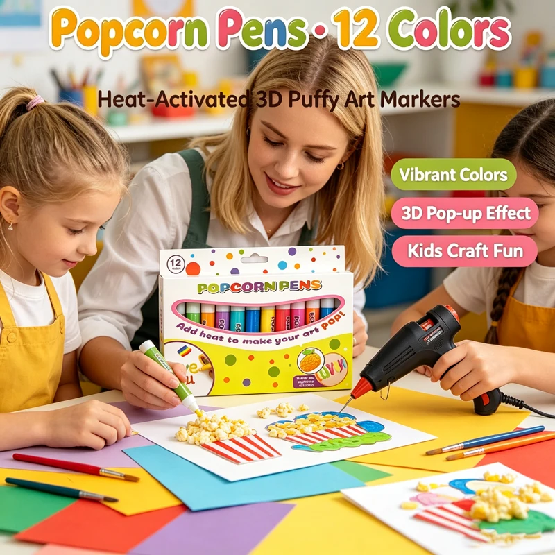 12 Colors Puffy Popcorn Pen Set, 3D Heat‑Activated Art Markers for Journal, Craft, Notebook, Greeting Card Doodle Graffiti