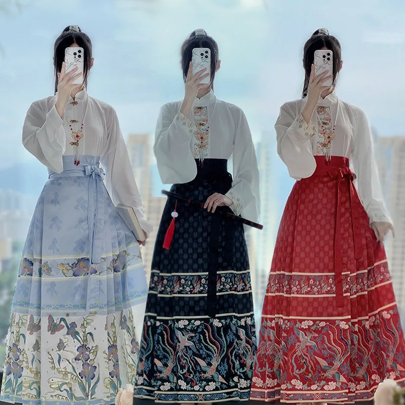 Women Chinese Traditional Horse-face Skirt Hanfu Stand Collar Shirts Ming Dynasty Performance Cosplay Costume Streetwear