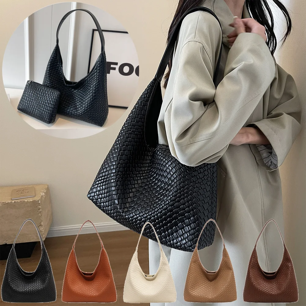 

Ladies PU Woven Tote Bag For Women Large Shoulder Satchel Hobo Bag with Pouch Casual Top Handle Bag Armpit Handbag Shopping Bag