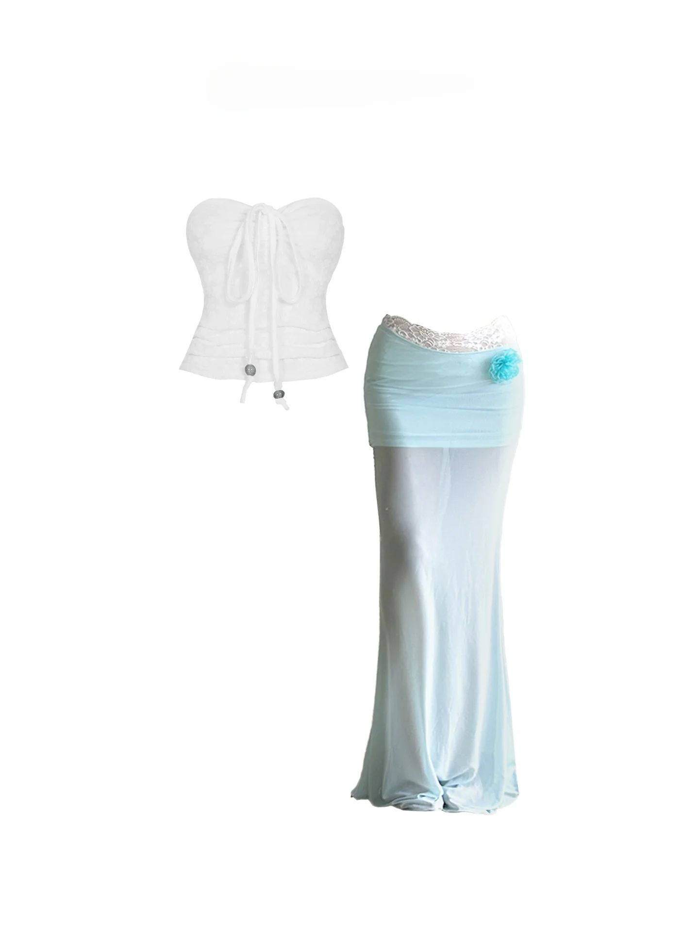 

Летний пляжный комплект HEZA: женский топ-жилет без рукавов с кружевными вставками и синяя юбка, облегающий силуэт, в корейском стиле