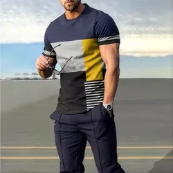 Summer men's T-shirt pants sportswear striped 3D printed T-shirt pants set 2-piece fashionable streetwear men's oversized suit