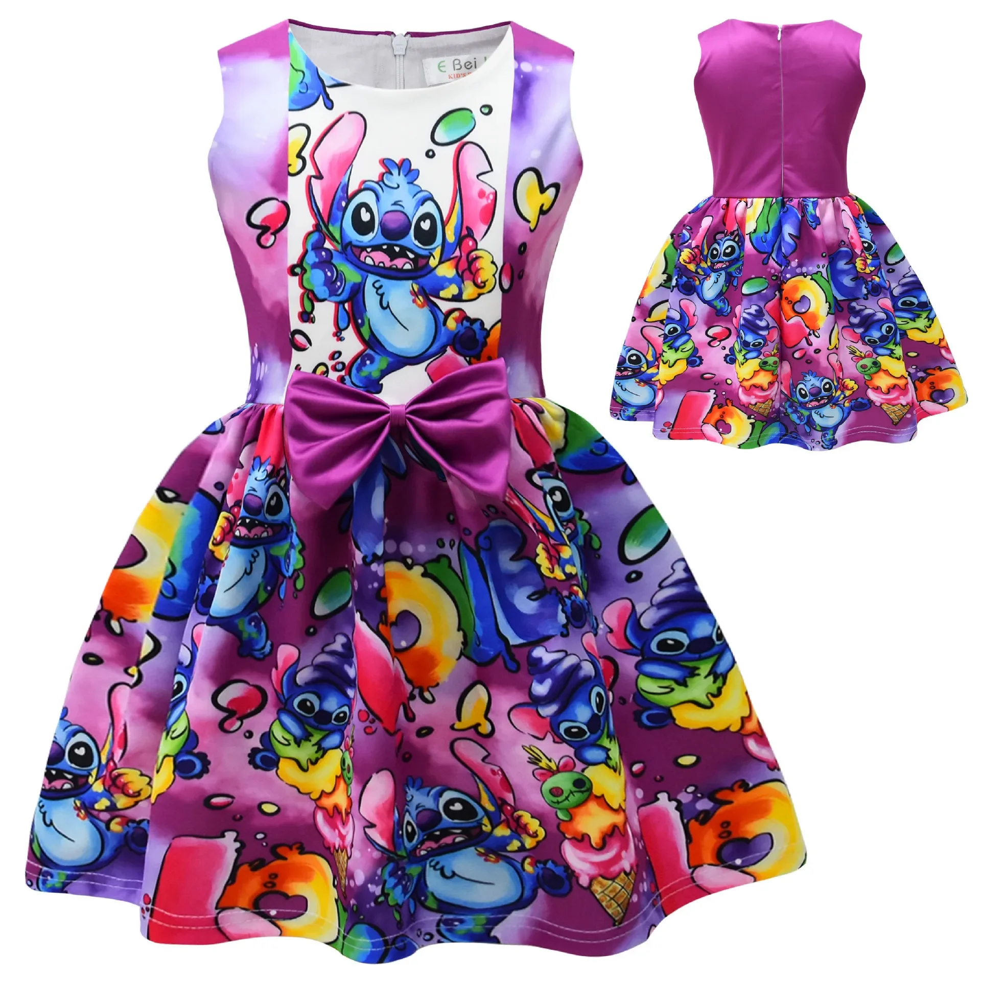 

2024 Disney Stitch Spring Summer Sleeveless Casual Skirt Digital Printed Bow Girls' Dress Girls Dresses Birthday Party Outfit