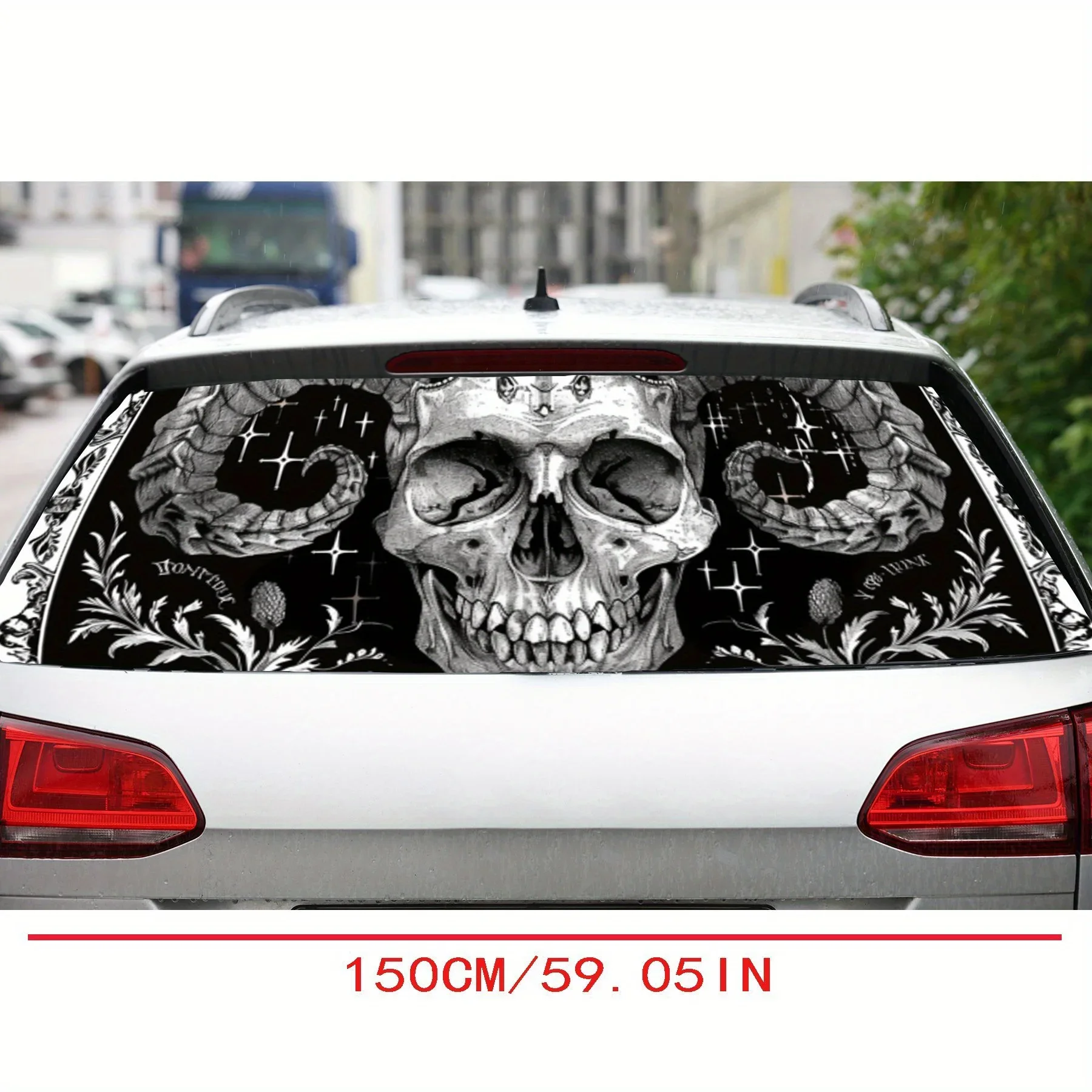 Black and White Ram Horned Skull PVC Perforated Car Vinyl Wraps, Durable Car Rear Windshield Sticker, Waterproof Car Rear Window