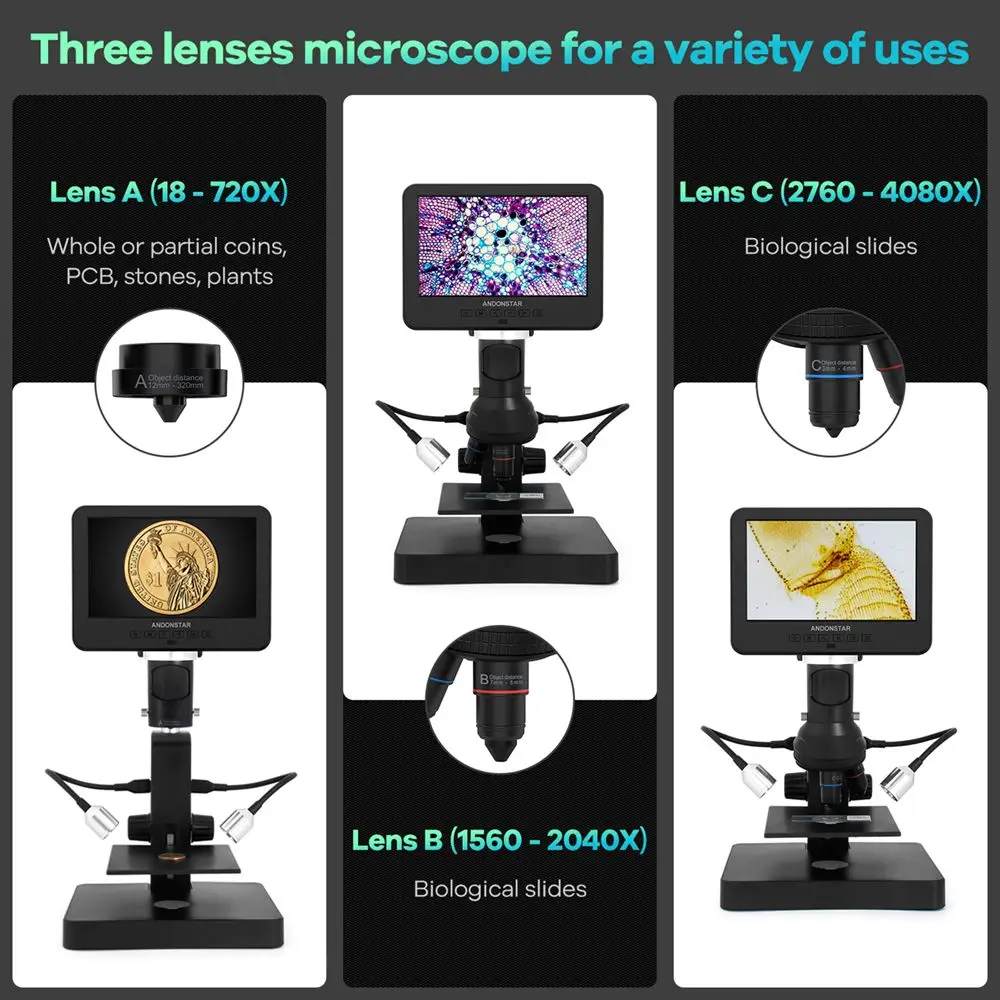 Kit Microscópio Andonstar Biológico, 4000X, AD246SP, solda, telefone, relógio de reparação, 7"
