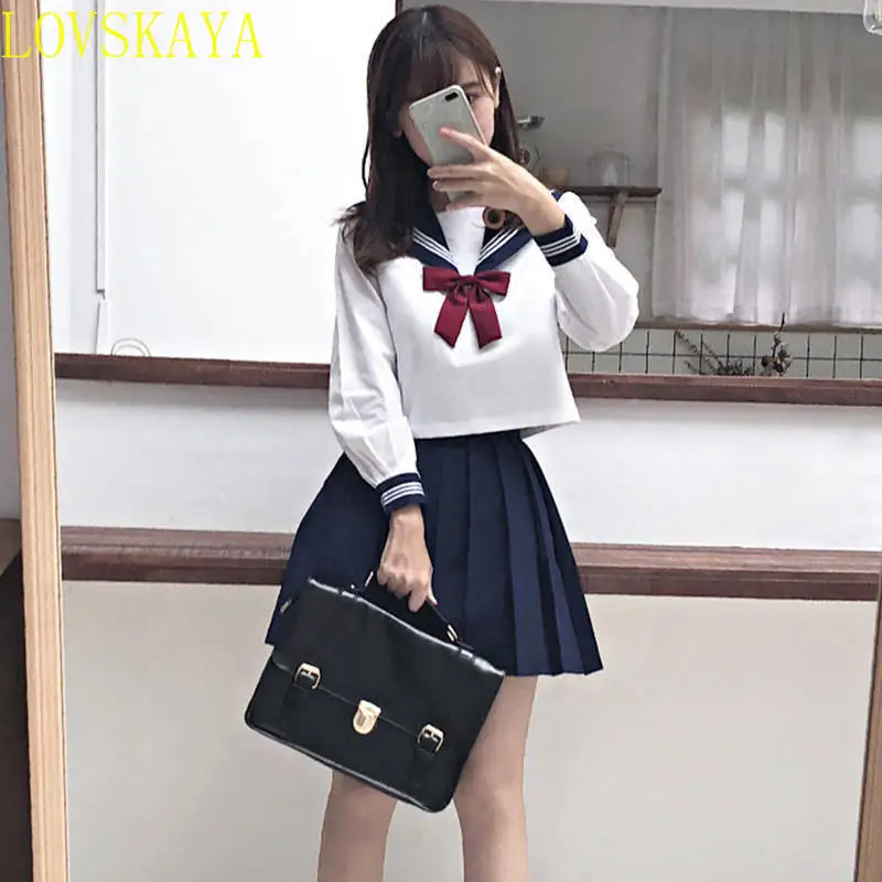 Student girl school uniform, girl navy blue clothing, women's sexy navy blue JK suit, sailor flower pleated skirt