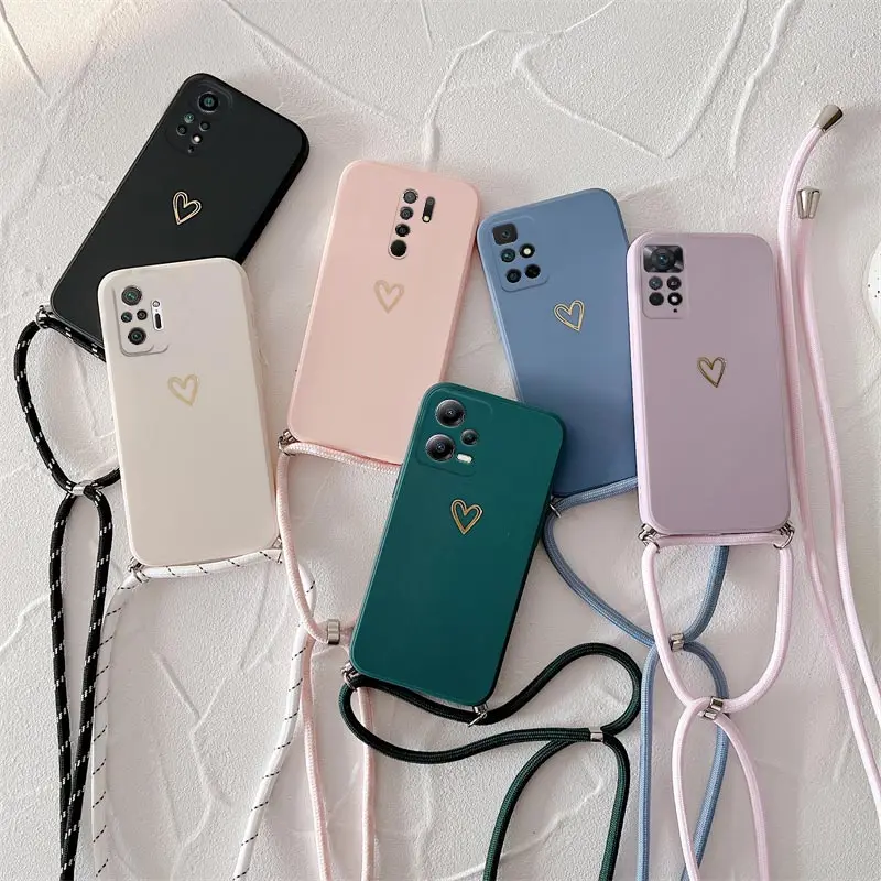 Crossbody Lanyard Silicone Phone Case For Xiaomi Redmi Note 10 Pro 11 12 8 9 Pro Max Plus 7 Redmi 9A 9T 9C 10C Love Heart Cover