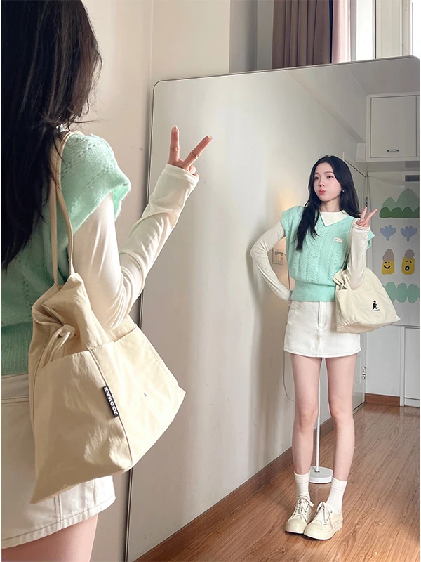 Sweet Versatile Knitted  Knot Vest Top And Bottom Set Slimming Waist Design Spring Summer New Style Two-Sided Wear