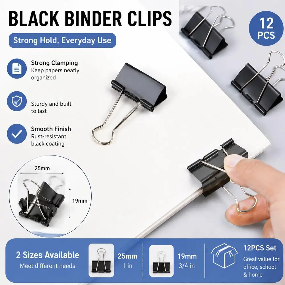 Assorted Black Metal Binder Clips For Paper Document Organization 19/25mm 12pcs Office School Stationery Supplies