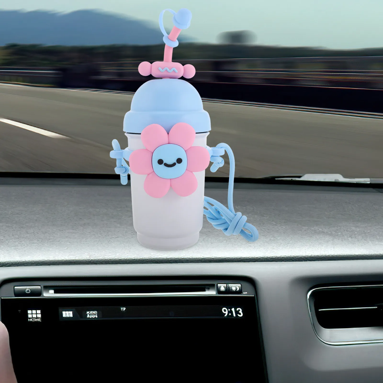 Portable Car Heating Cup Insulated Thermal Travel Mug with Built-in Straw Crossbody Strap for Commuting Road Trips Coffee Tea
