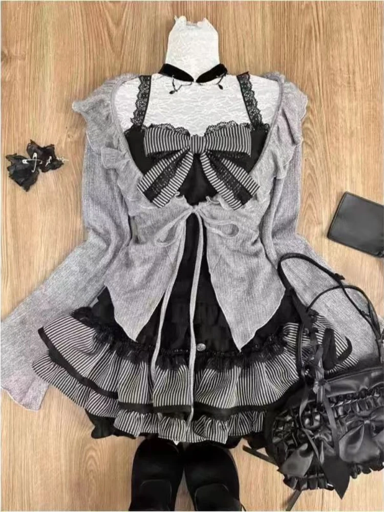 Women Sweet Lolita Lace Up Ruffles Cardigan Sexy Slim Fit Strapless Vest High Waist Ruched Skirts Early Autumn Three Piece Sets