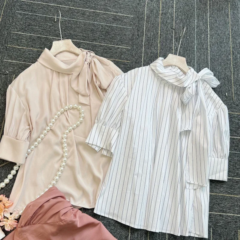 Kuzuwata 2024 Summer New Blusas Bowknot Lace Up Stand Collar Short Sleeve Shirts Folds Straight Solid Front Back Two Wear Blouse