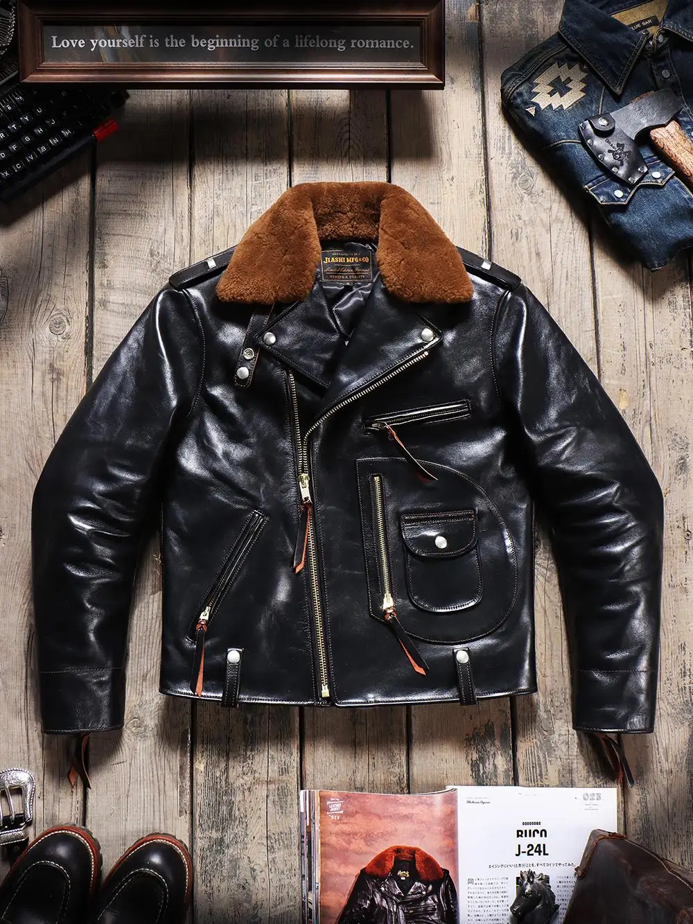 Tailor Brando Italian Full Grain Tea-core Cowhide Leather J24 Men's Vintage Double Rider Genuine Leather Biker Jacket