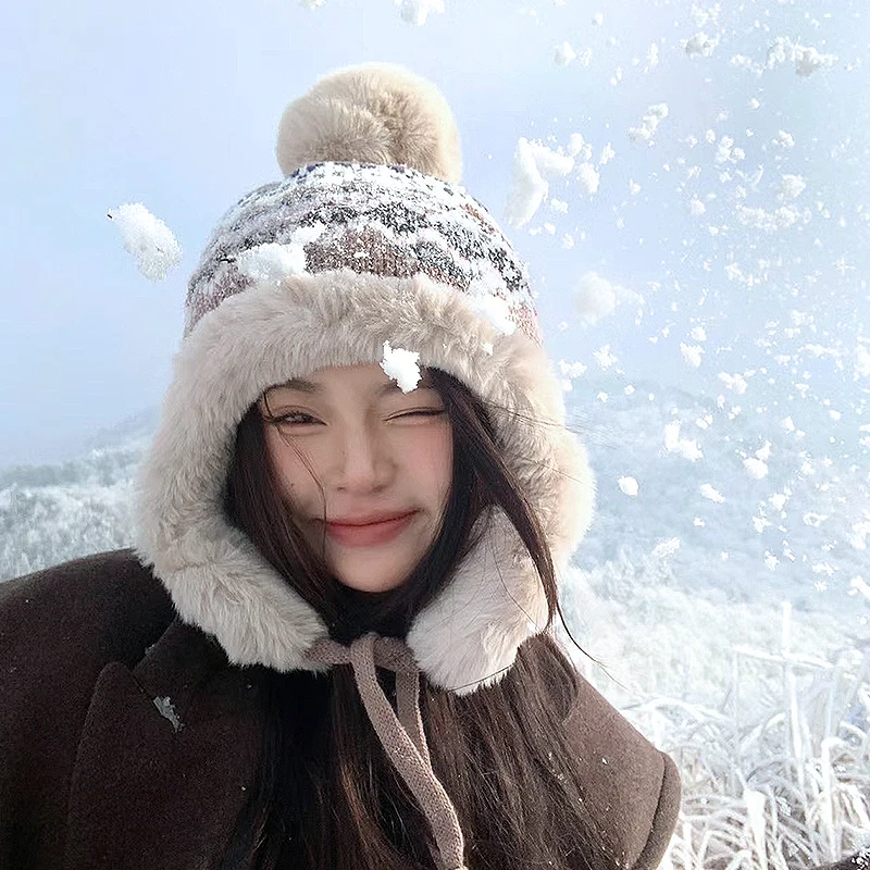 

Женская зимняя вязаная шапка Fair Isle, утолщенная северо-восточная шапка на плюшевой подкладке с защитой от холода и ушками Кепка Lei Feng