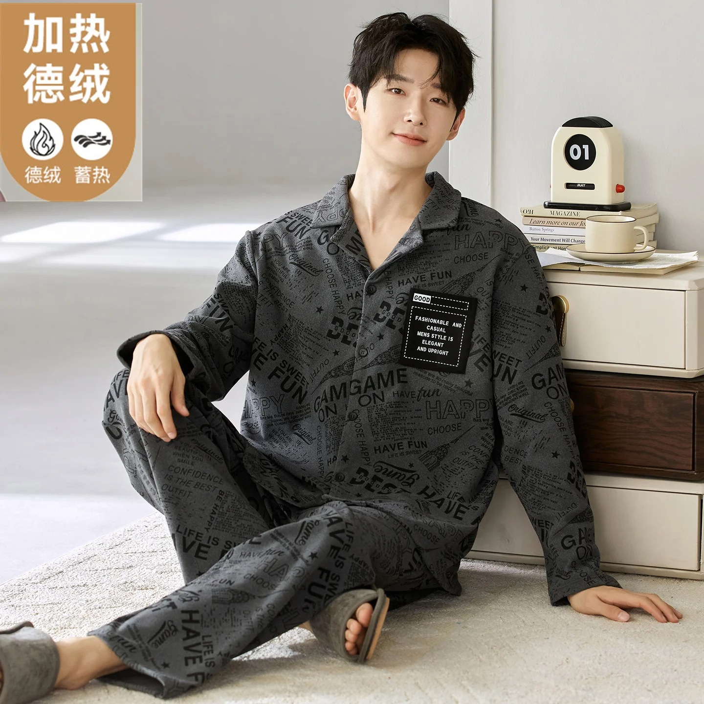 

2 Pieces Set Winter Autumn Warm Thin Fleece Sleepwear For Men Cardigan Home Clothes Big Size L-3XL Lounge set Dropship
