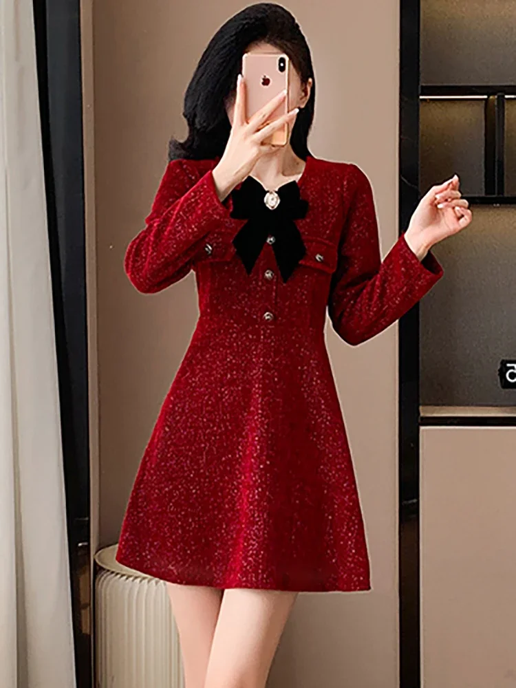 Women Red Bright Silk Chenille Casual Short Dress 2024 Korean Fashion Bow Collar Festival Dress Autumn Winter Elegant Prom Dress