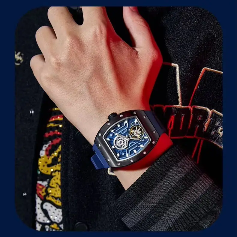 

TAKE THE CHANCE 9190-28 Automatic Mechanical Watches Tonneau Skeleton Dial Sport Wristwatch Clock Steel Case Hollowed Dial