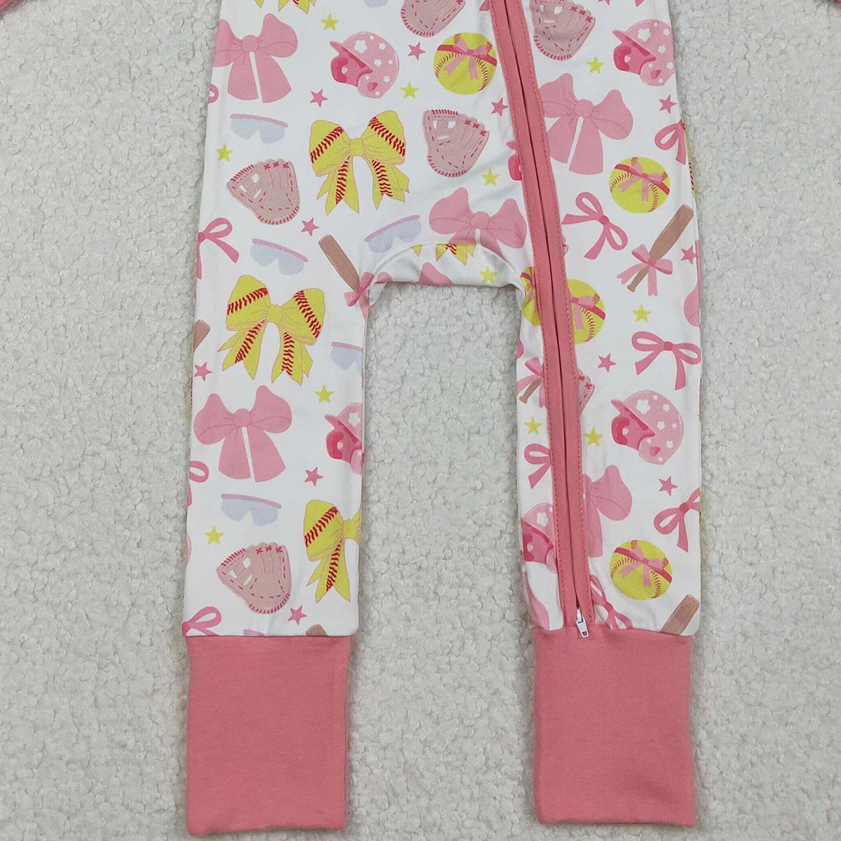 Baby Mädchen Pink Bows Baseball Team Cabrio Strampler Langarm Zwei-Wege-Reißverschluss Softball-Outfit für die Kleinen