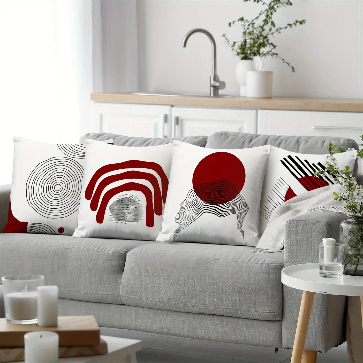 

Minimalist Red & Black Abstract Art Throw Pillow Cover, Geometric Line Cushion Case for Modern Home Decor