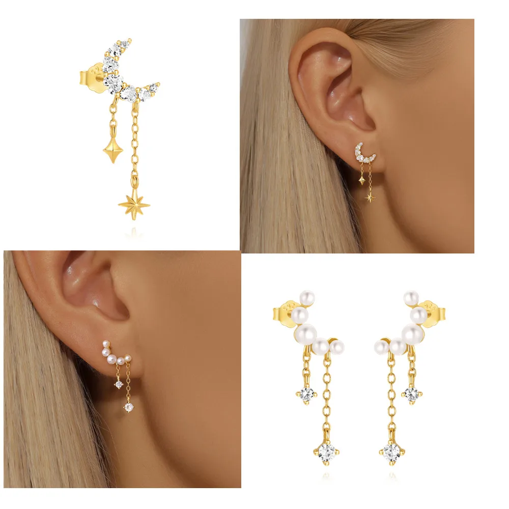 LENNIK 925 Sterling Silver Gold single/double European and American fashion star moon/crescent zircon tassel stud earrings women