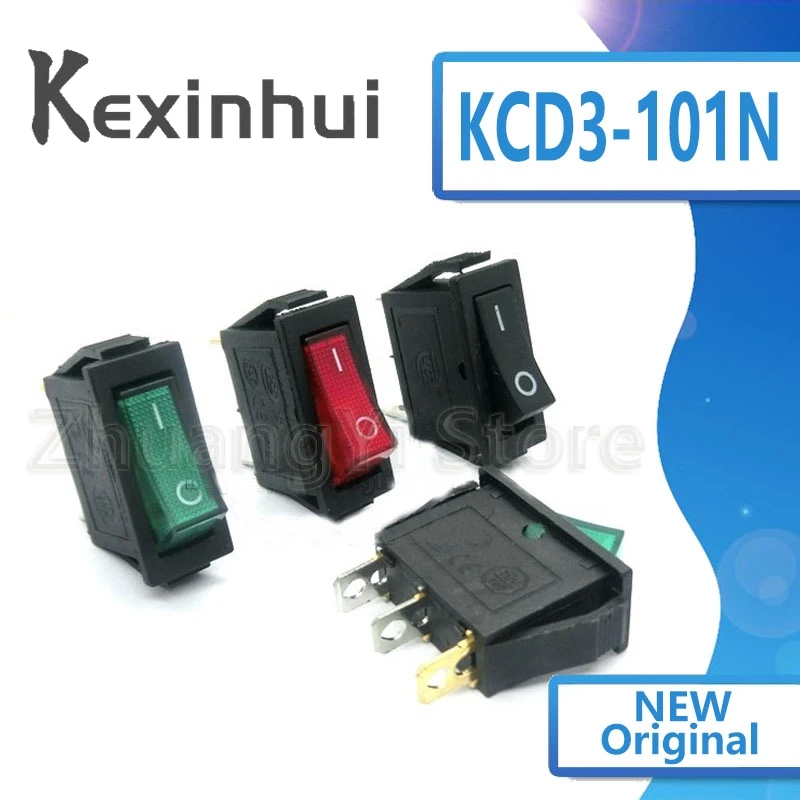 5Pcs/Lot KCD3 KCD3-101N Red Green Black Light 3-Pin 2-Files 16A/250V Rocker Switch Seesaw Power Switch