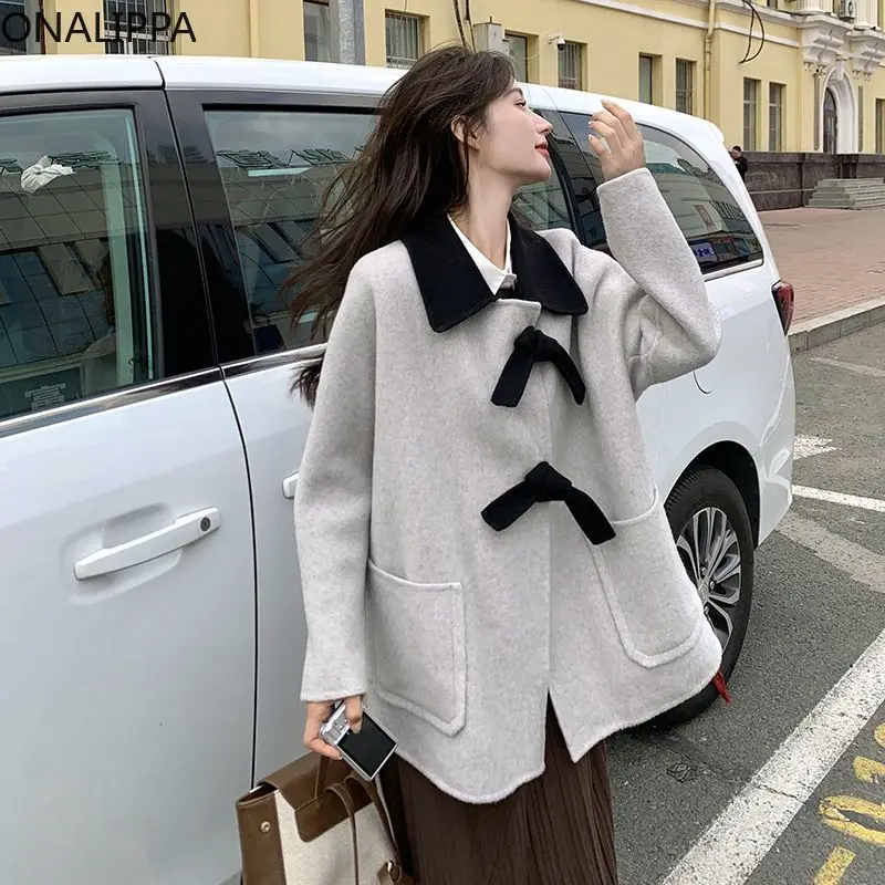 Onalippa Contrast Three Dimensional Bows Wool Coat Women Turn Down Collar Winter Jacket Women Korean Single Breasted Jackets