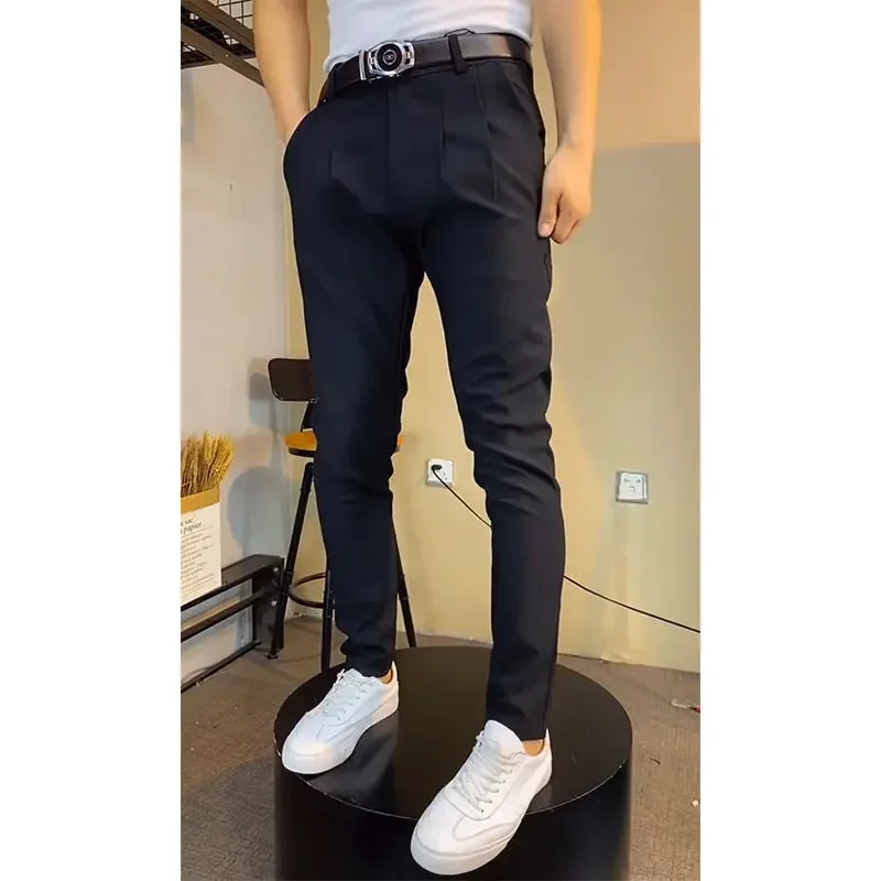 

English Style Men Small Flared Trousers Slim Fit Straight Crotch Design Solid Color Pants Sharp Nine-point Pants Daily Use A115