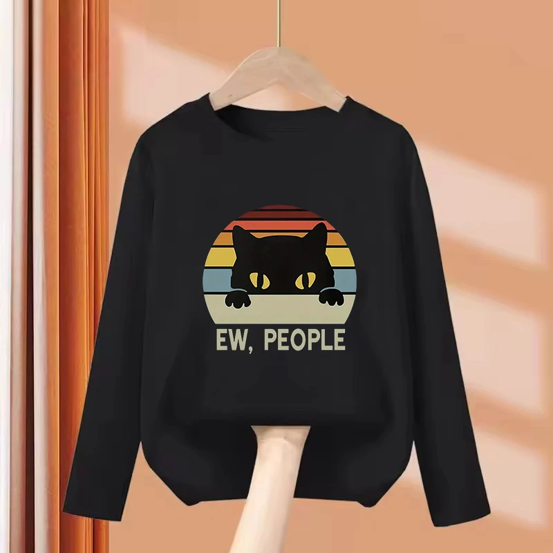 Long Sleeve Casual EW, PEOPLE Cat Graphic Print T Shirts Kids Children's T-shirt Boys Girls Summer Spring Casual Top Tee Shirt