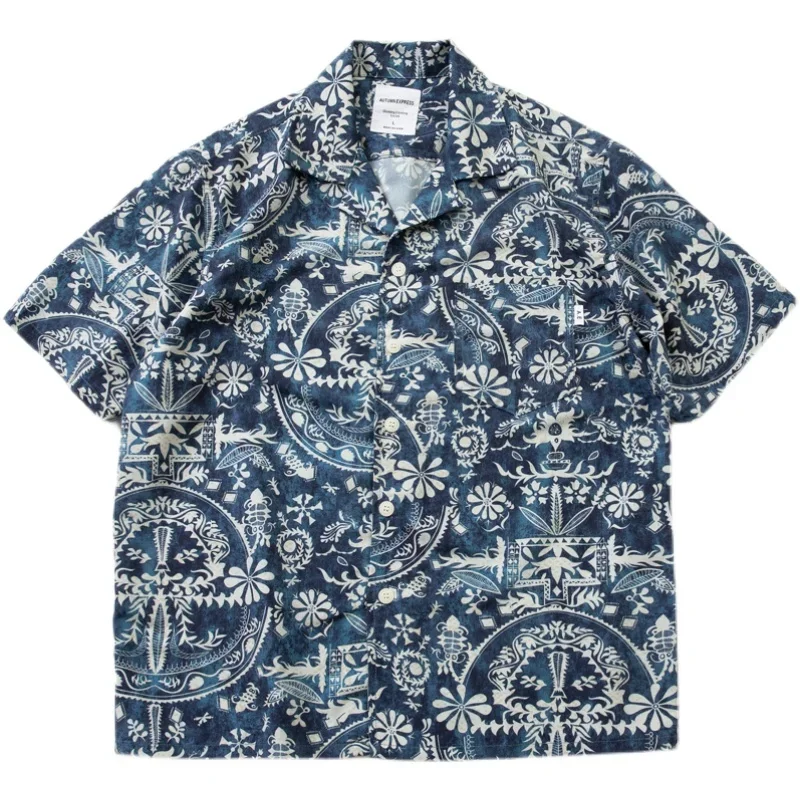 

Japanese Loose Style Turndown Collar Short Sleeve Blue Floral Shirt Youth Casual Light Skin Summer Jacket Men