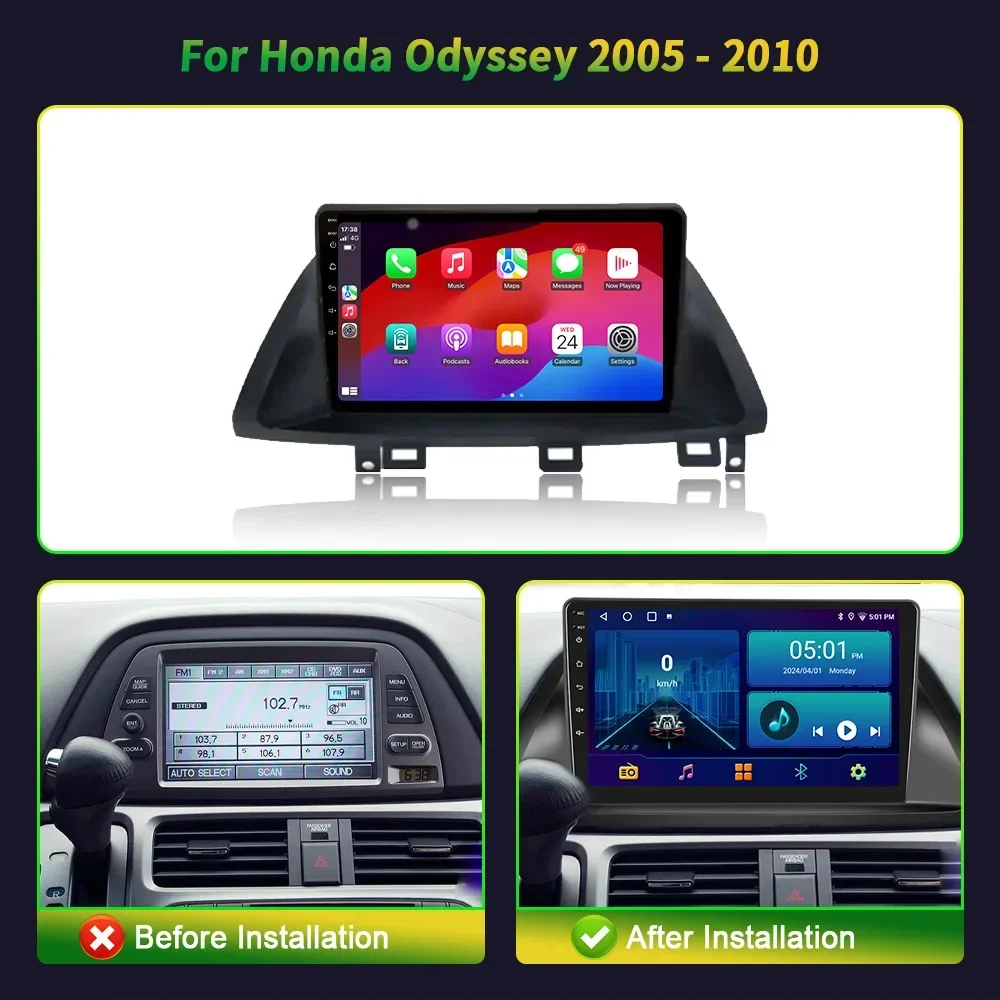 Android 14 Wireless BT Carplay Stereo For Honda Odyssey 2005-2010 Car Radio 4G GPS Multimedia Navigation Head Unit Touch Screen