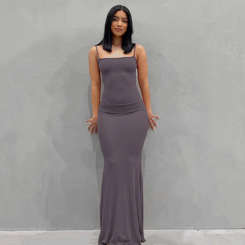 Europe and the United States cross-border foreign trade women 2024 solid color sexy slim high step slip dress